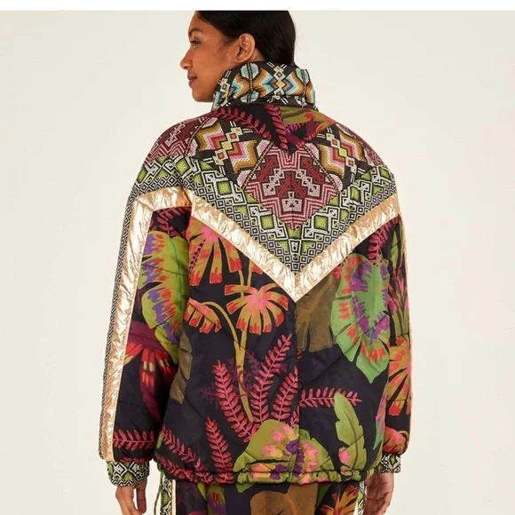 NWT FARM RIO TROPICAL RAUTI METALLIC REVERSIBLE BEADED ZIP, PUFFER JACKET SZ XL - Picture 2 of 8